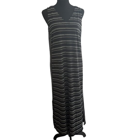 J. Jill Wearever Side Slit Sleeveless V-Neck Black White Stripe Maxi Dress M - Picture 2 of 7